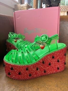 Sugar Thrillz Neon Green Strawberry Glitter Platform Sandals